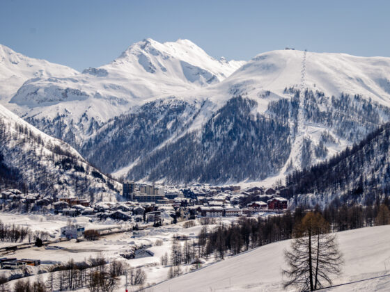Views around Espace Killy the ski resorts of Tignes and Val D'Isere on a fantastic winter day in Februari. Espace Killy is a name given to a ski area in the Tarentaise Valley, Savoie in the French Alp