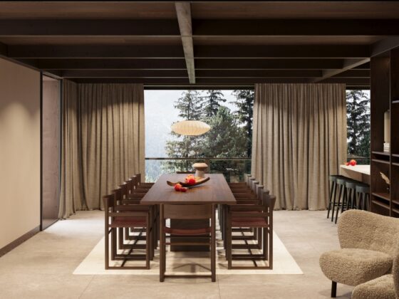 Open-plan kitchen and dining area at Chalet Montclair, Méribel.