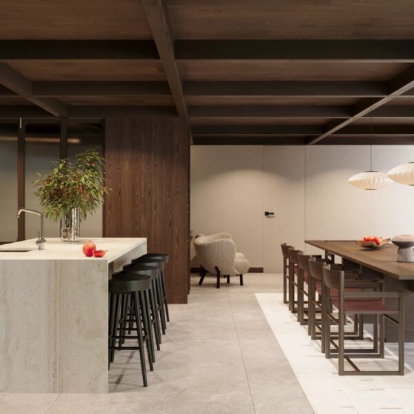 Dining room at Chalet Montclair, Méribel with long wooden table and mountain views.