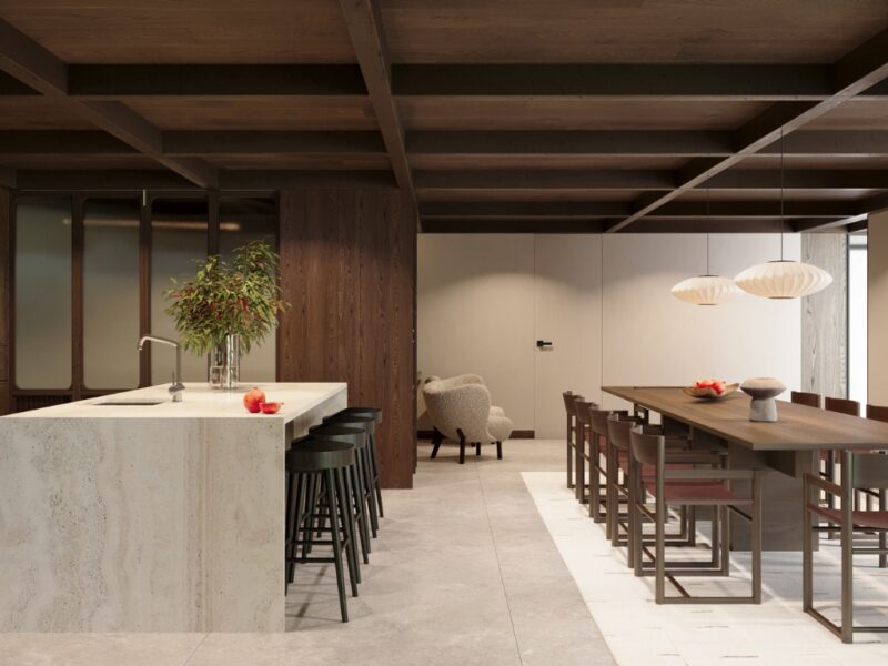 Dining room at Chalet Montclair, Méribel with long wooden table and mountain views.