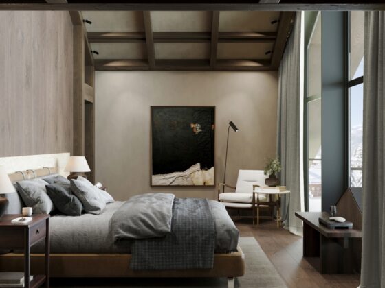 Luxury chalet bedroom at Chalet Montclair, Méribel with mountain views.