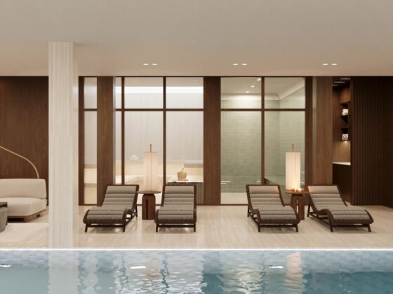 Luxury indoor pool with loungers in Méribel chalet spa.