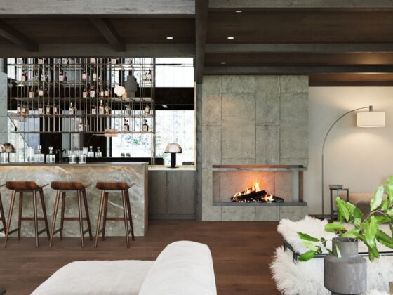 Luxury chalet bar with fireplace in Méribel.