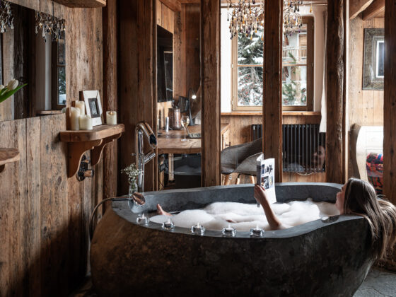 Chalet Lhotse, Hot tub reading. Luxury ski chalets in French Alps — book direct ski chalet French Alps