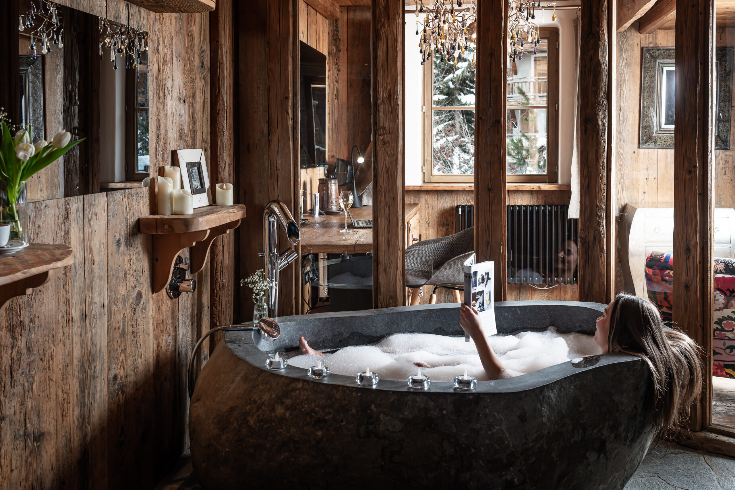 Chalet Lhotse, Hot tub reading. Luxury ski chalets in French Alps — book direct ski chalet French Alps
